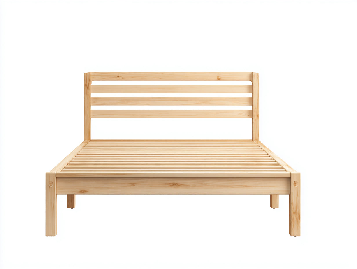Camas dobles de madera de pino 205 x 160 x 105 cm - pino natural - somier de lamas y cabecero abierto de estilo nórdico