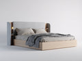 Camas dobles con cabecero tapizado - madera y tejido 220 x 235 x 115 cm - gris claro y madera natural - estantes laterales integrados de estilo moderno
