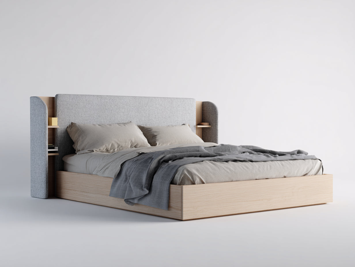 Camas dobles con cabecero tapizado - madera y tejido 220 x 235 x 115 cm - gris claro y madera natural - estantes laterales integrados de estilo moderno