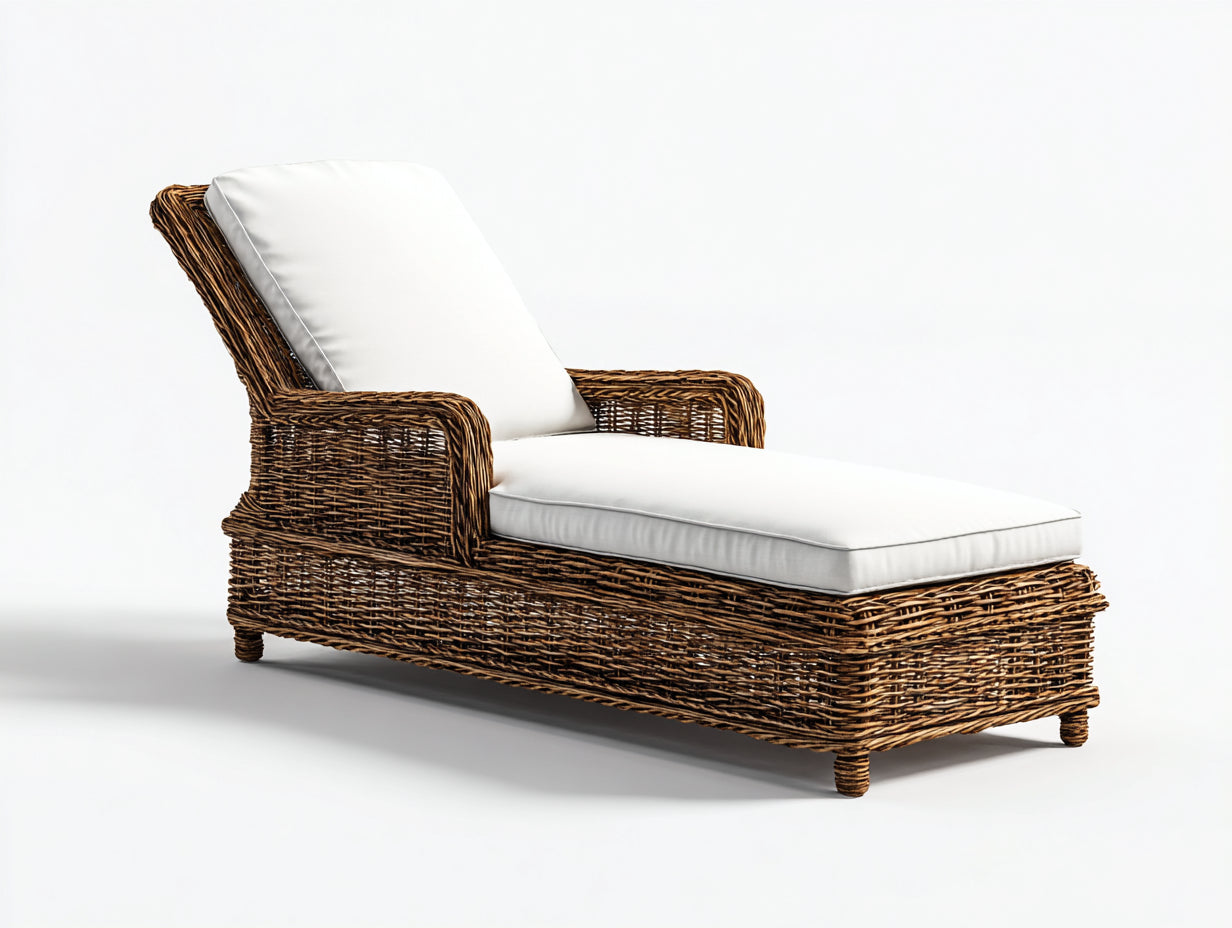 Tumbonas de ratán sintético y tela 200 x 75 x 85 cm - Marrón natural y blanco - Diseño reclinable para jardín y terraza