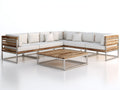 Sofás de exterior modulares con mesa de centro - madera y metal 300 x 300 x 78 cm - blanco madera natural y plateado - diseño cuadrado moderno
