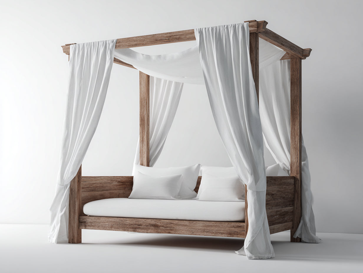 Tumbona de exterior cama balinesa madera 200x200x200 cm blanco natural descanso elegante