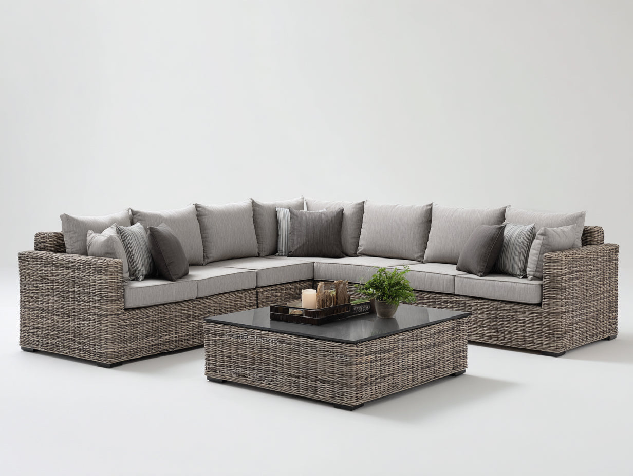 Sofás de exterior de ratán sintético 260 x 260 x 78 cm - Gris topo y gris claro - Conjunto esquinero moderno con mesa de centro