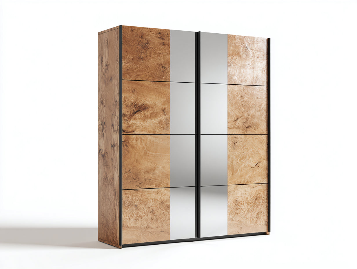 Armarios de dos puertas correderas - paneles con efecto madera y espejo 200 x 60 x 220 cm - madera natural plateado y negro - diseño moderno de gran capacidad