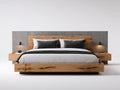 Camas dobles de madera 220 x 280 x 110 cm - Madera natural gris y negro - Cabecero ancho con mesitas integradas y diseño moderno