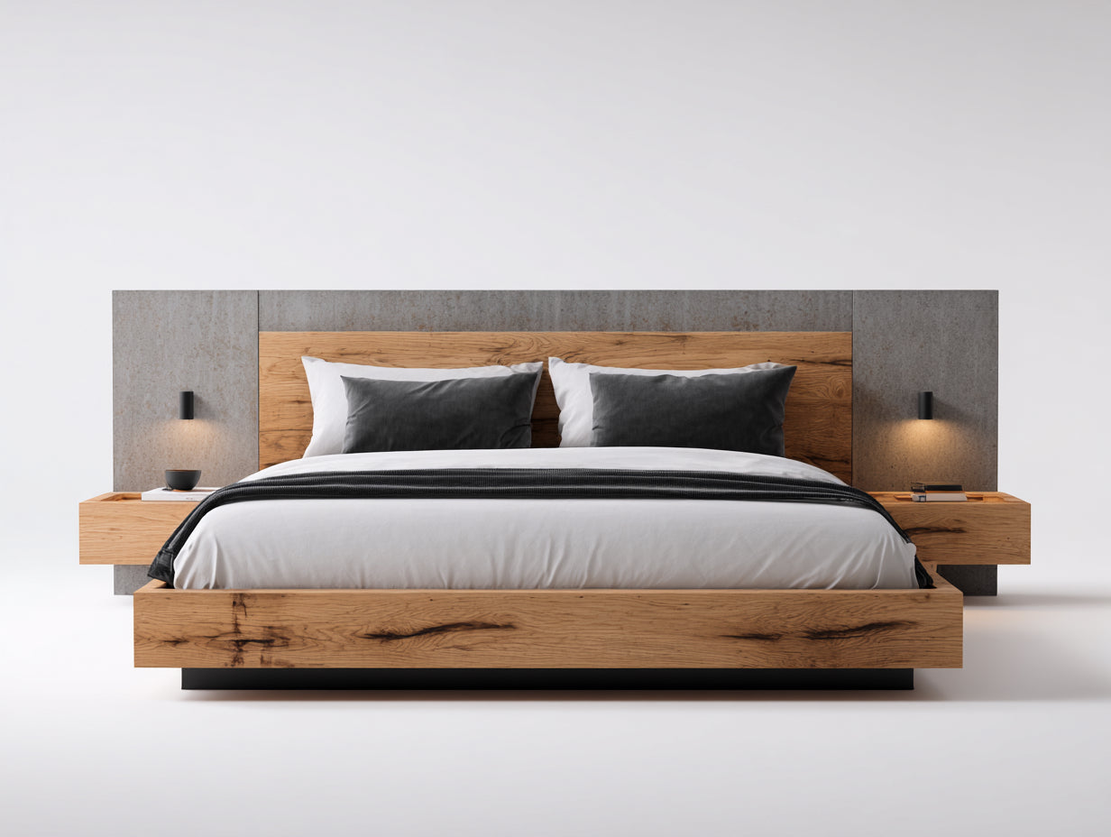 Camas dobles de madera 220 x 280 x 110 cm - Madera natural gris y negro - Cabecero ancho con mesitas integradas y diseño moderno