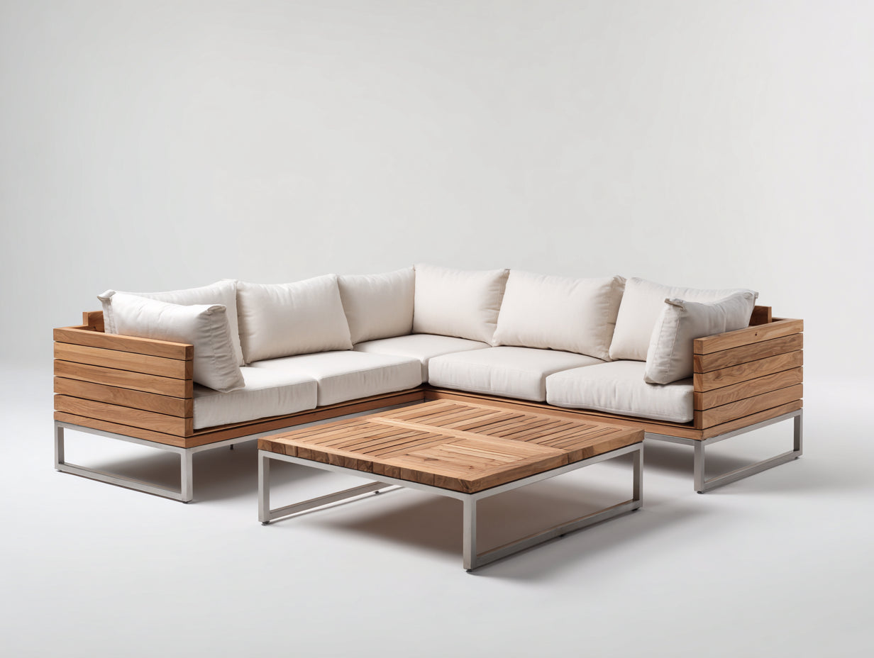 Sofás de exterior modular con mesa 270x270x72 cm - Beige y marrón natural - Diseño esquinero