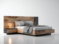 Camas dobles con cabecero panorámico - paneles de madera y detalles metálicos 225 x 285 x 130 cm - madera natural y negro - módulo lateral integrado de estilo moderno