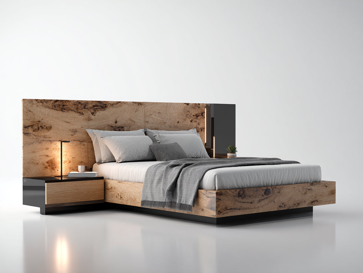 Camas dobles con cabecero panorámico - paneles de madera y detalles metálicos 225 x 285 x 130 cm - madera natural y negro - módulo lateral integrado de estilo moderno