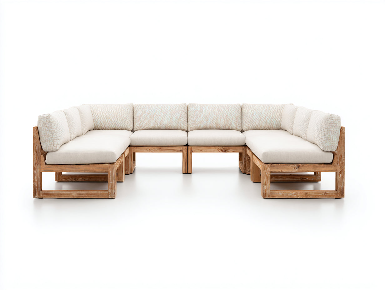 Sofás de exterior modular de madera 318x185x76 cm - Beige y marrón claro - Diseño en U