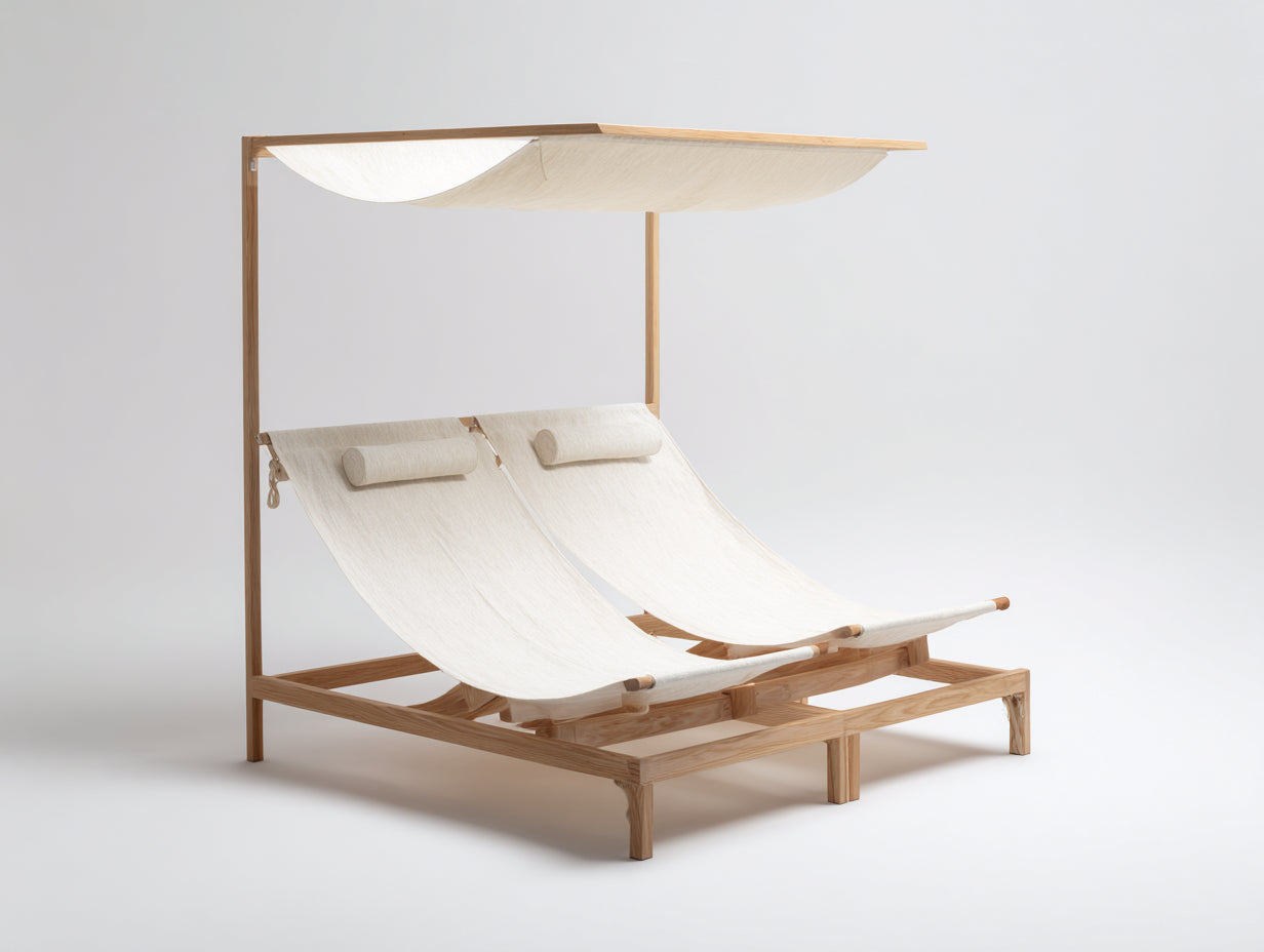 Tumbonas de madera con dosel 220 x 180 x 210 cm - Natural y blanco - Diseño doble para jardín y terraza