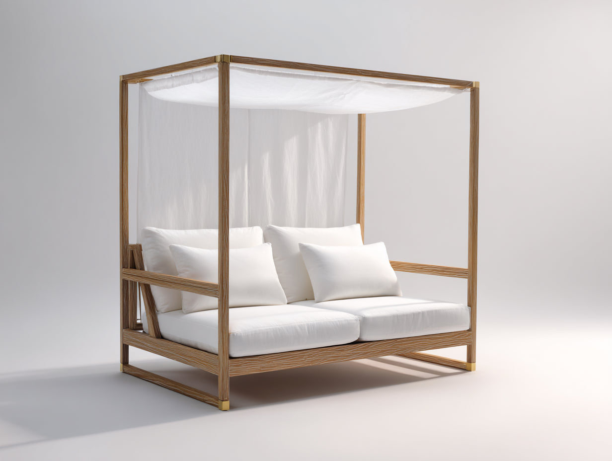 Tumbonas dobles con dosel de madera 200x160x210 cm - Blanco y marrón natural - Diseño para exterior