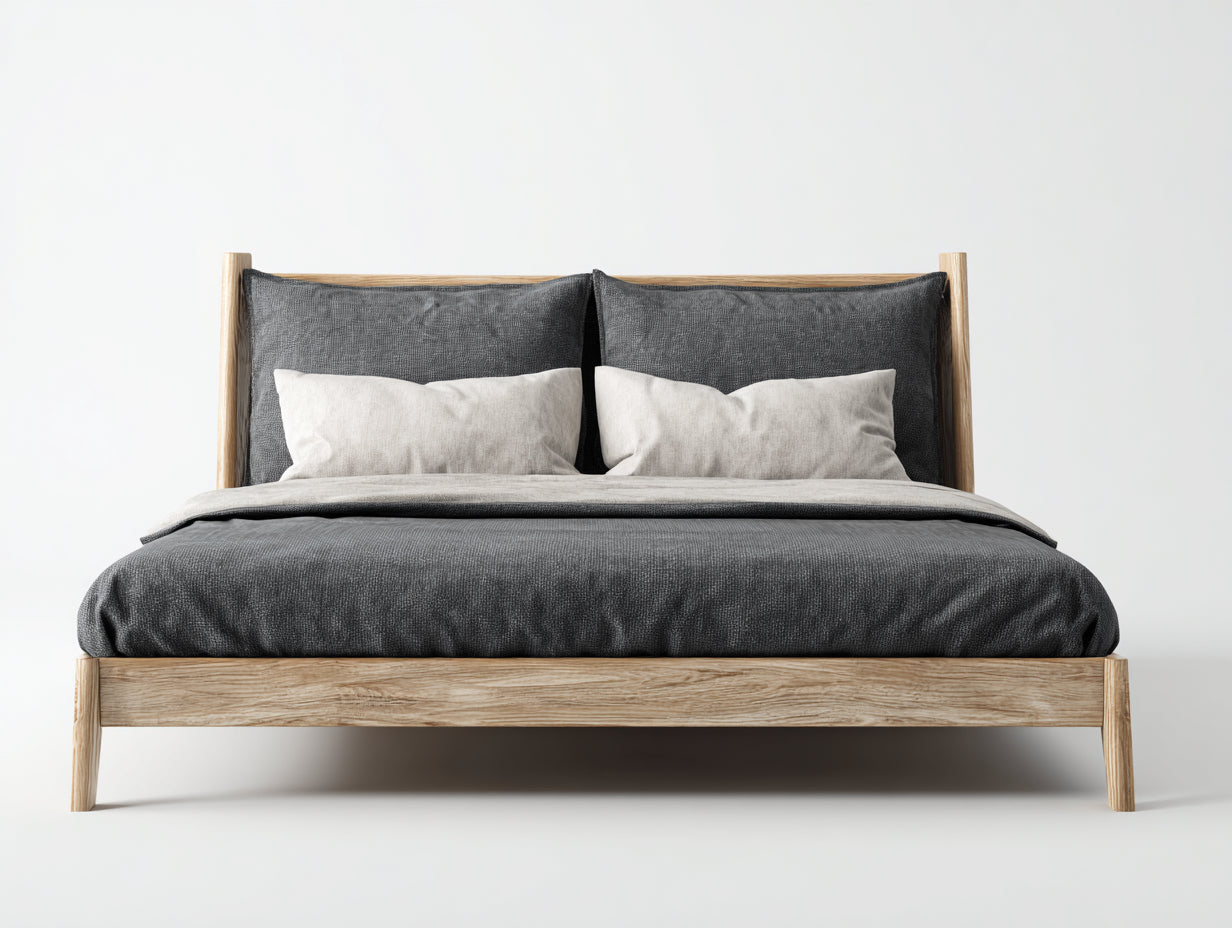 Camas dobles de madera 215 x 180 x 110 cm - Madera natural y gris oscuro - Cabecero tapizado de diseño contemporáneo