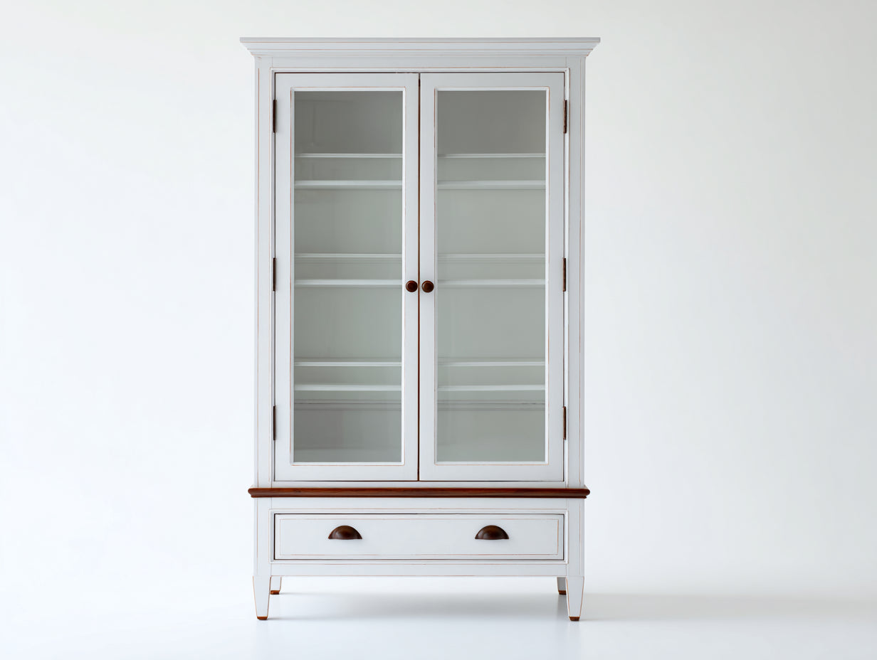Estanterías con 2 puertas de vidrio y 1 cajón 100 x 42 x 195 cm - Blanco transparente y marrón - Diseño clásico