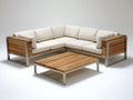 Sofás de exterior de aluminio y madera 250 x 250 x 75 cm - Blanco y madera natural - Conjunto esquinero moderno con mesa de centro
