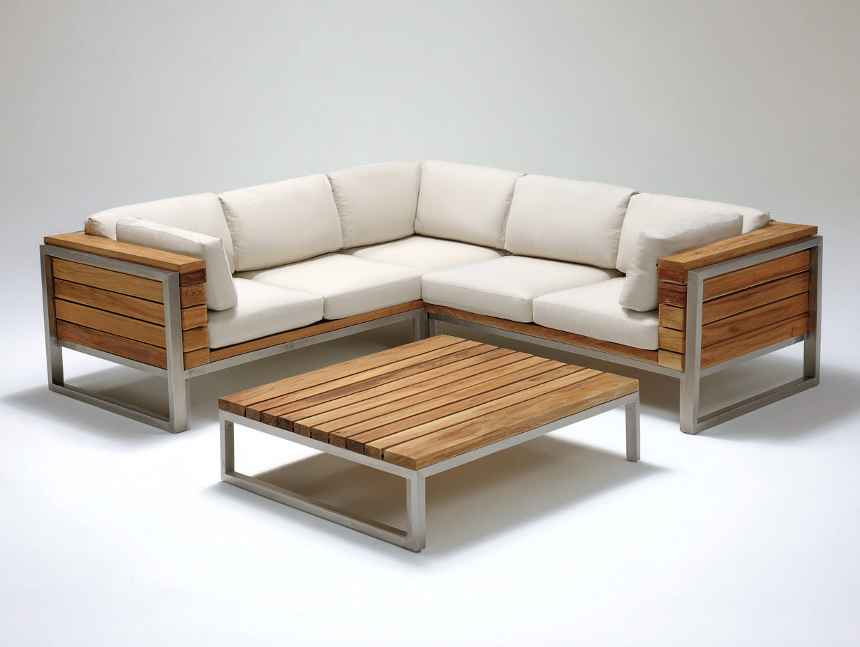 Sofás de exterior de aluminio y madera 250 x 250 x 75 cm - Blanco y madera natural - Conjunto esquinero moderno con mesa de centro