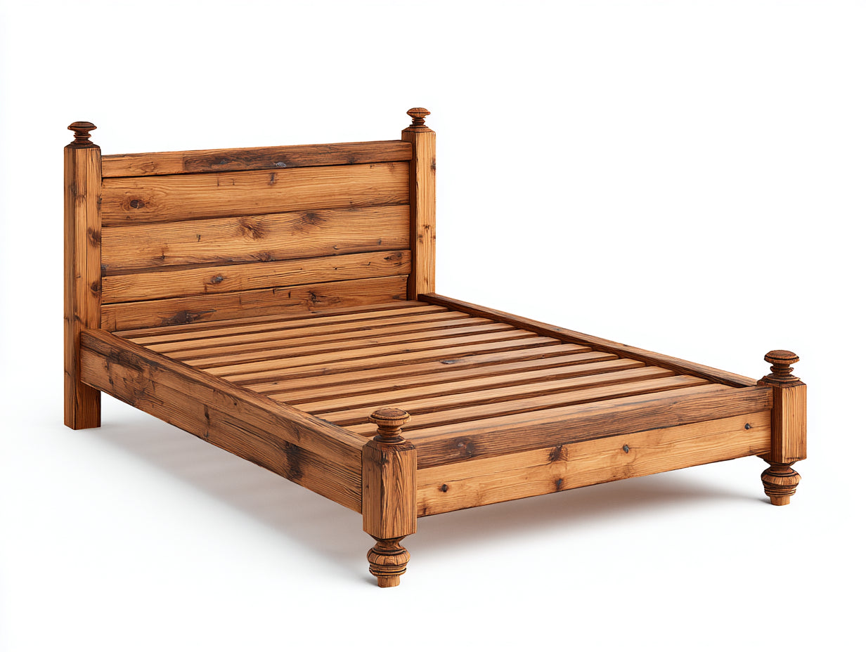 Camas dobles de madera maciza 210 x 170 x 120 cm - madera miel - somier de lamas y cabecero alto de estilo rústico