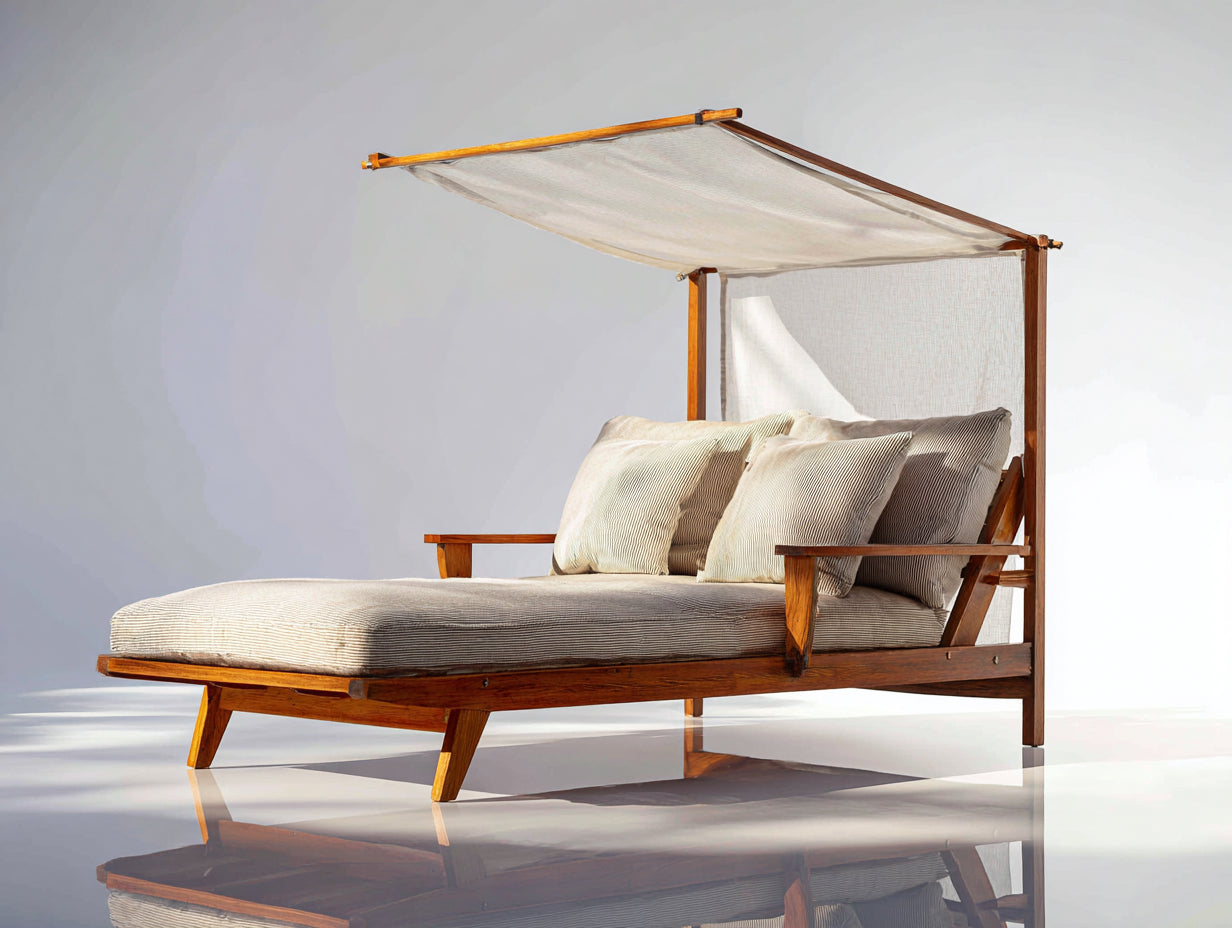 Tumbonas de madera y tela 220 x 150 x 170 cm - Marrón nogal y blanco crema - Diseño reclinable con dosel para jardín