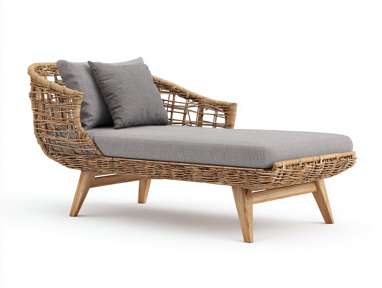 Tumbona de exterior ratán sintético 200x80x75 cm gris madera natural diseño moderno
