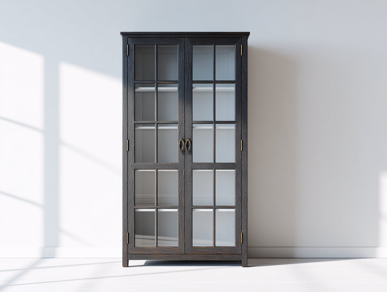 Estanterías con 2 puertas de vidrio 90 x 40 x 190 cm - Madera negra y vidrio transparente - Diseño clásico