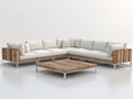 Sofás de exterior esquineros en madera y metal 300 x 300 x 78 cm - Blanco madera natural y plateado - Diseño modular con mesa de centro