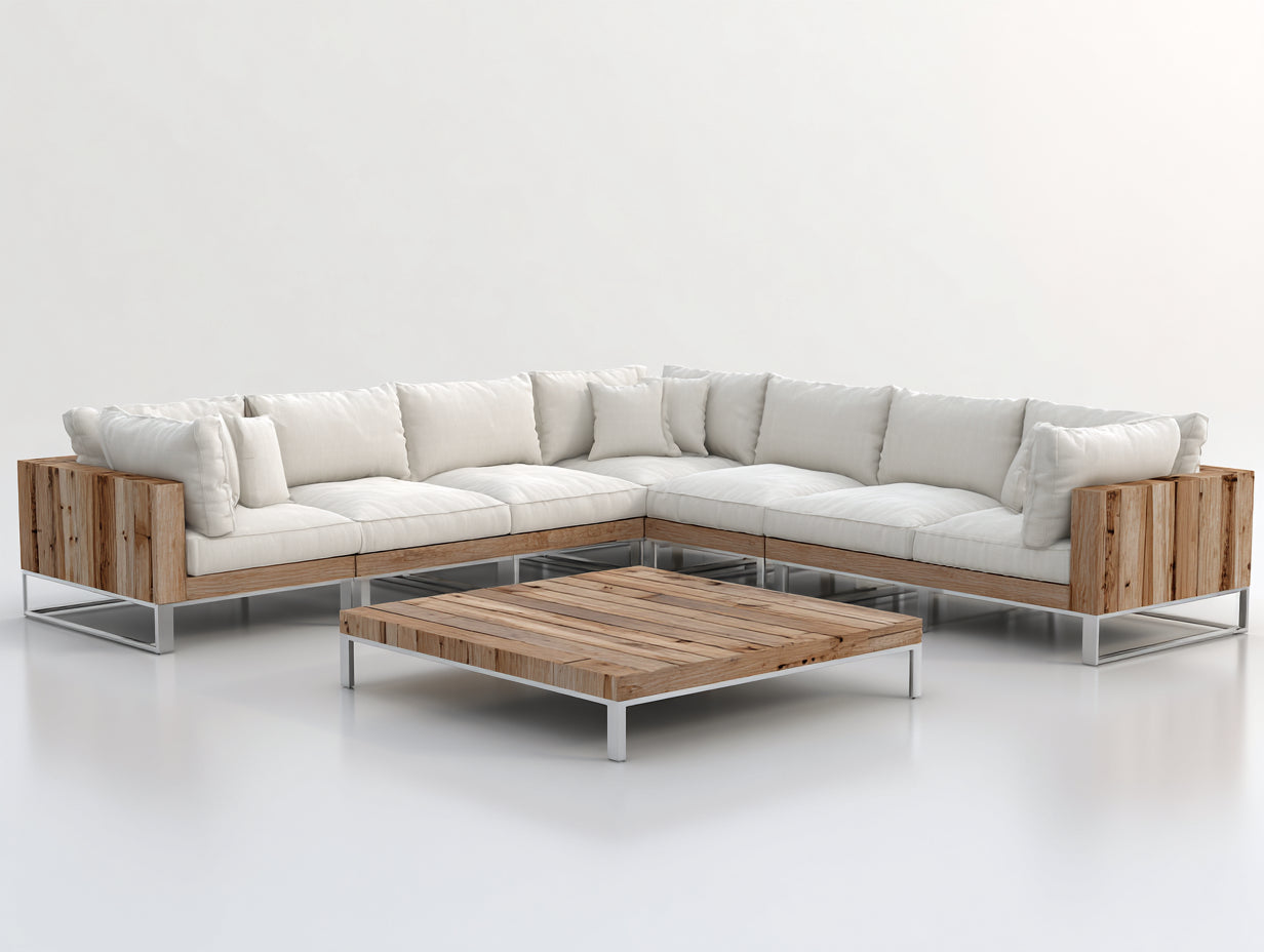Sofás de exterior esquineros en madera y metal 300 x 300 x 78 cm - Blanco madera natural y plateado - Diseño modular con mesa de centro