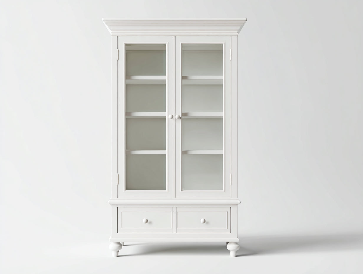 Estanterías de madera y vidrio 110 x 42 x 190 cm - Blanco - Estilo clásico con 2 puertas y 2 cajones