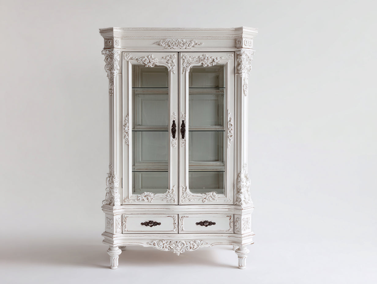 Estanterías de madera y vidrio 120 x 45 x 190 cm - Blanco envejecido - Estilo barroco con 2 puertas y 2 cajones