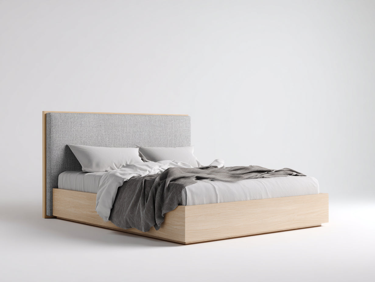Camas dobles de madera y tejido tapizado 220 x 180 x 115 cm - roble claro y gris claro - estructura baja para dormitorio de estilo moderno