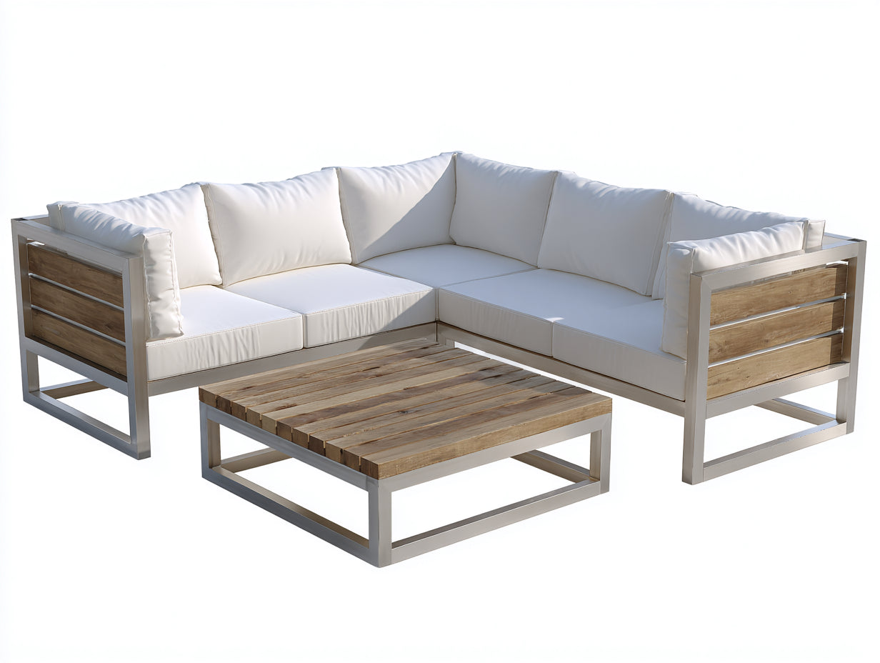 Sofás de exterior de aluminio y madera 250 x 250 x 75 cm - Blanco y natural - Diseño esquinero con mesa de centro