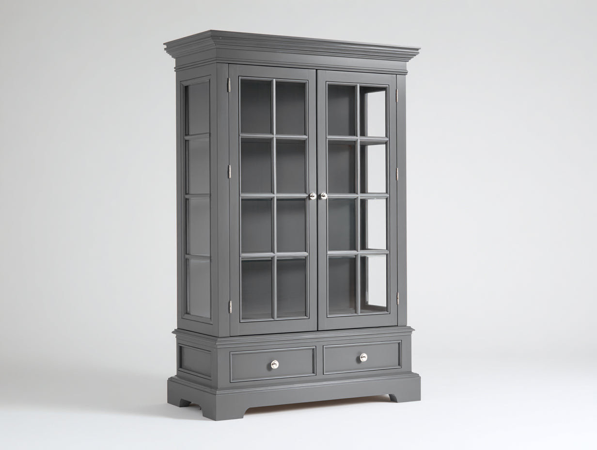 Estanterías con dos puertas de cristal y dos cajones - madera y vidrio 115 x 45 x 195 cm - gris oscuro - almacenamiento cerrado de estilo clásico
