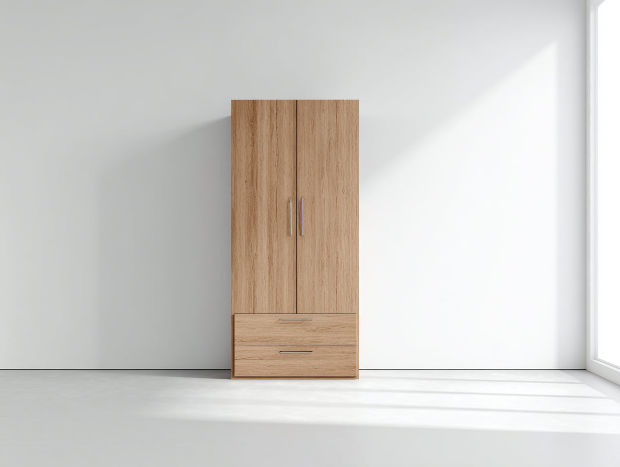 Armarios de madera 90 x 52 x 200 cm - roble natural - 2 puertas y 2 cajones para dormitorio de estilo moderno