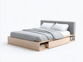 Camas dobles de madera 220 x 180 x 105 cm - madera natural y gris - cabecero tapizado con cajón lateral - diseño moderno