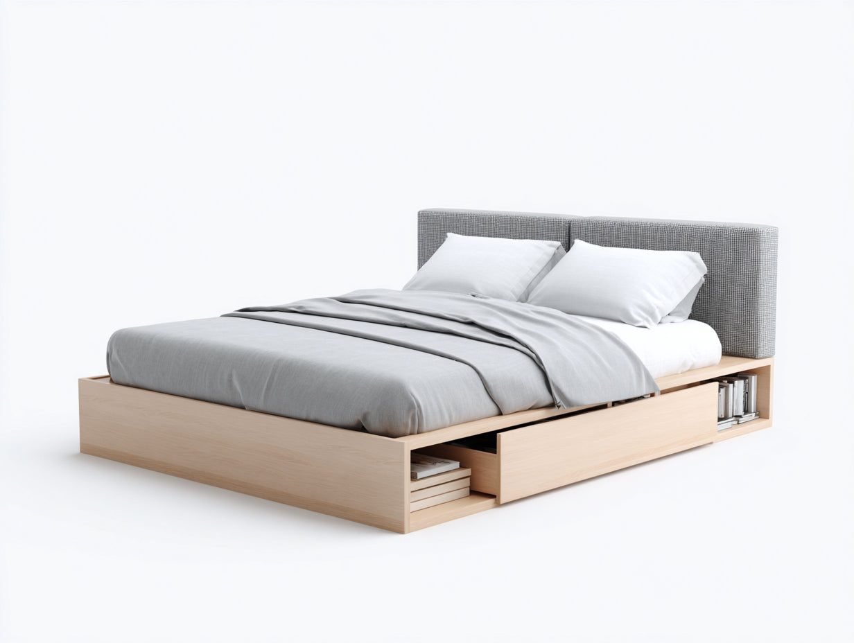 Camas dobles de madera 220 x 180 x 105 cm - madera natural y gris - cabecero tapizado con cajón lateral - diseño moderno