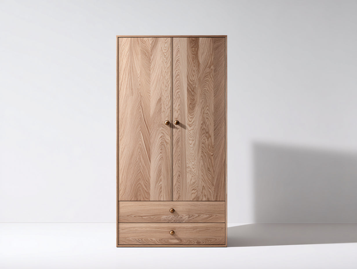 Armarios de dos puertas en tablero de madera 90 x 50 x 190 cm - Madera natural y latón - Dos cajones y diseño minimalista