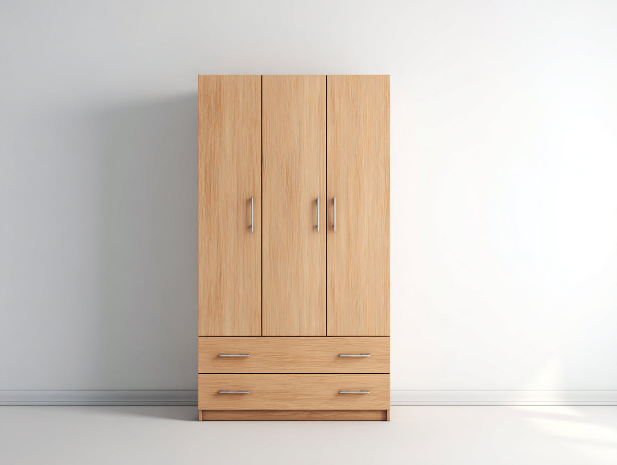 Armarios de tres puertas en tablero de madera 120 x 52 x 200 cm - Madera natural - Dos cajones y diseño moderno
